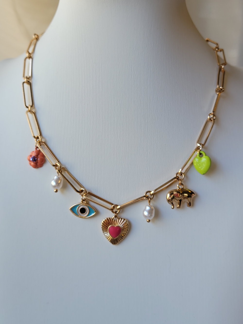 ivory ella Gold Paperclip Chain Necklace with Multicolor Enamel Charms